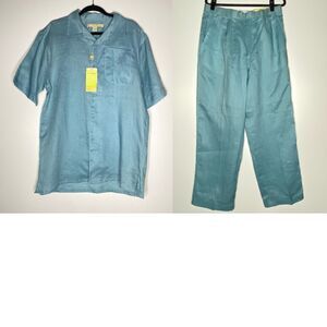 New Syllables Aqua Blue Ramie Button Top Pant Set Men's Size 34 Large